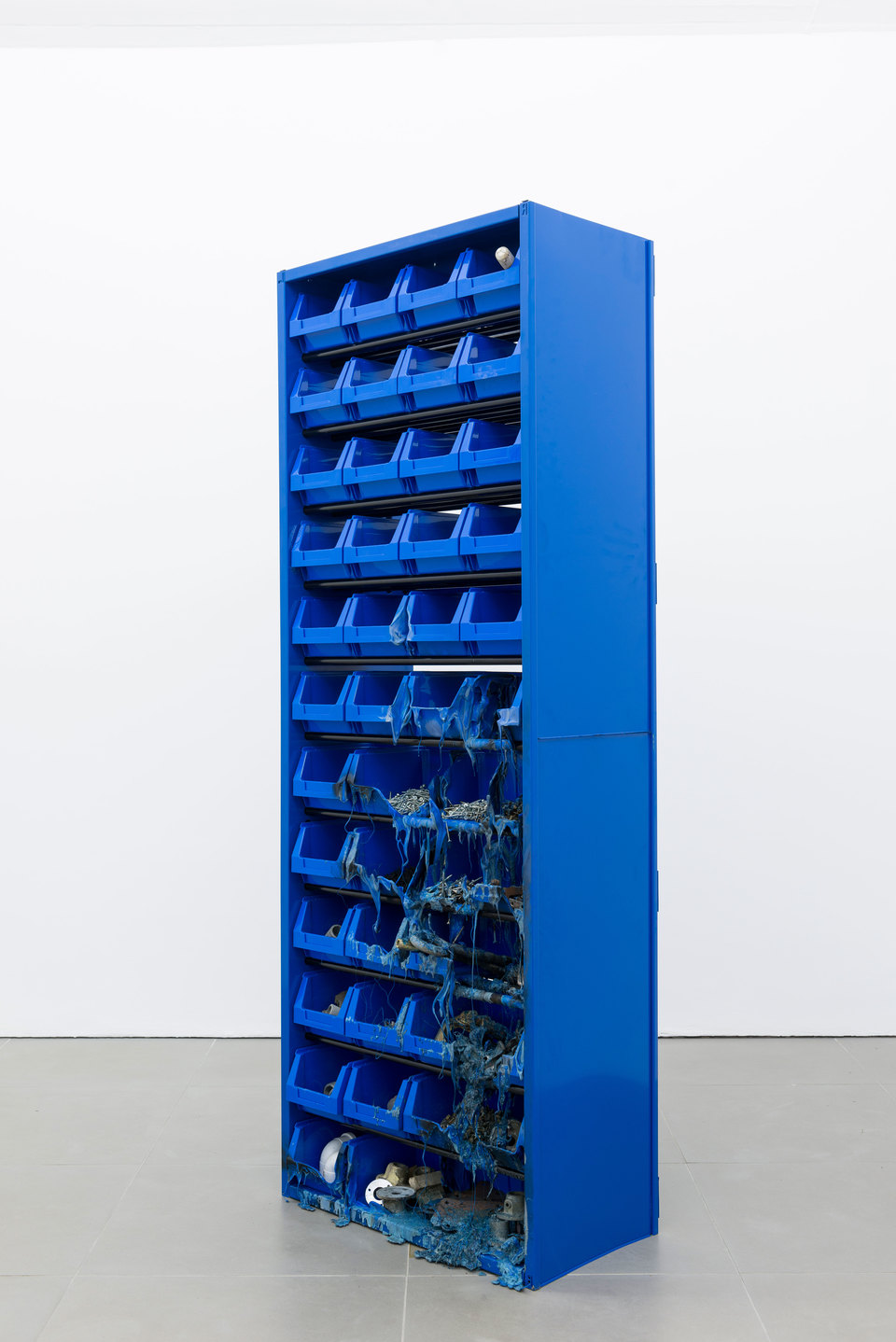 Matias Faldbakken, Parts Cabinet, 2013, metal cabinet, plastic bins, screws, bolts miscellaneous, 200 x 70.5 x 37cm, Cell Project Space
