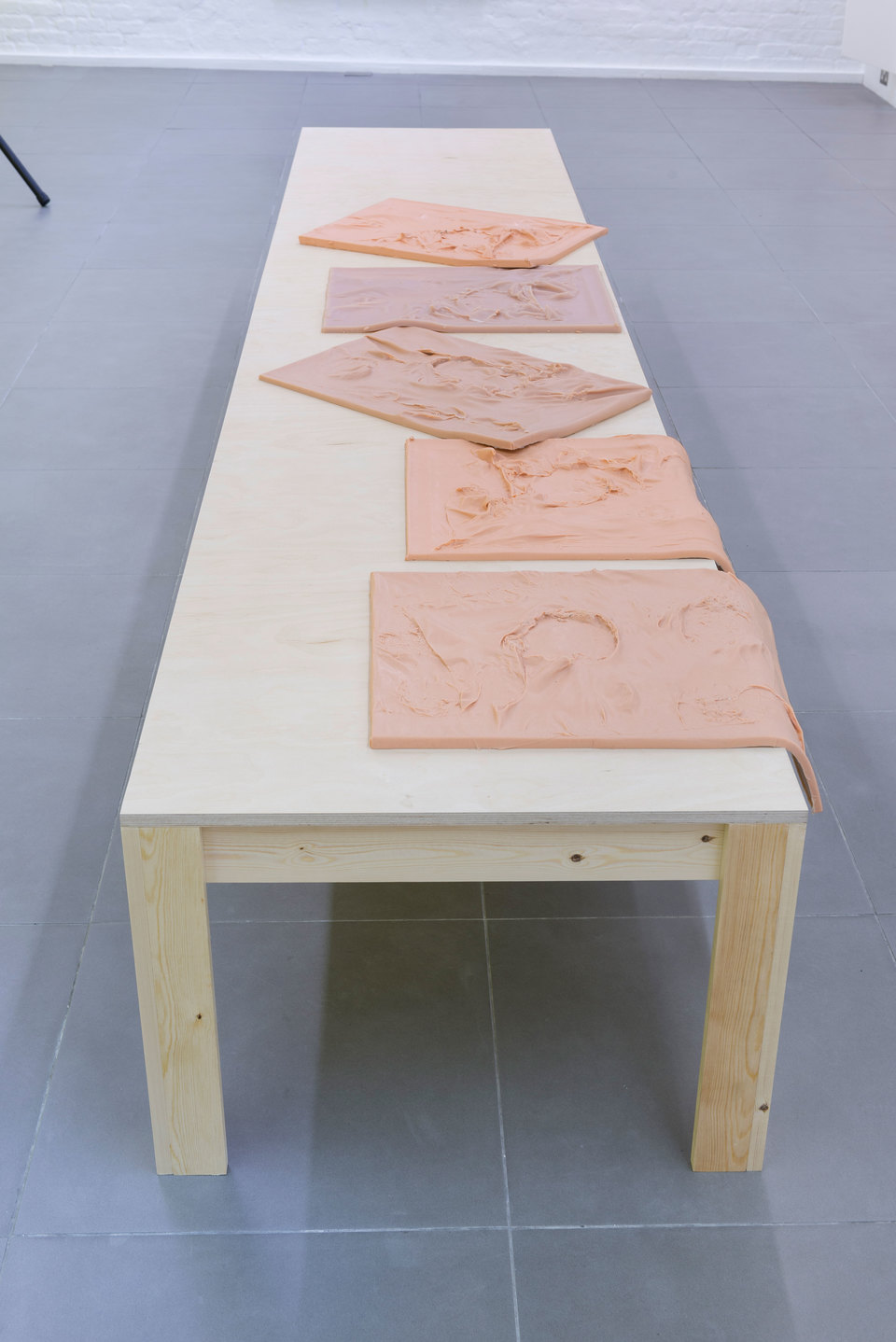 Nikolas Gambaroff, Untitled, 2013, Wooden table with 5 cast silicon works, Table: 77 cm x 381 cm x 55 cm, each silicon work: 61 cm x 46 cm x 3 cm, Cell Project Space