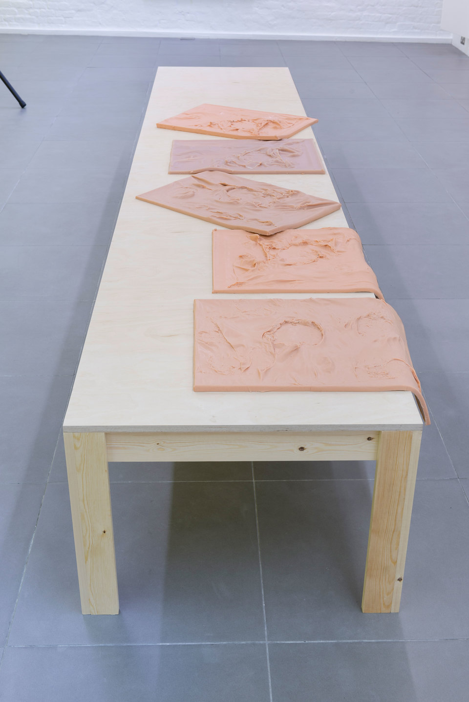 Nikolas Gambaroff, Untitled, 2013 Nikolas Gambaroff, Untitled, 2013, Wooden table with 5 cast silicon works, Table: 77 cm x 381 cm x 55 cm, each silicon work: 61 cm x 46 cm x 3 cm, Cell Project Space