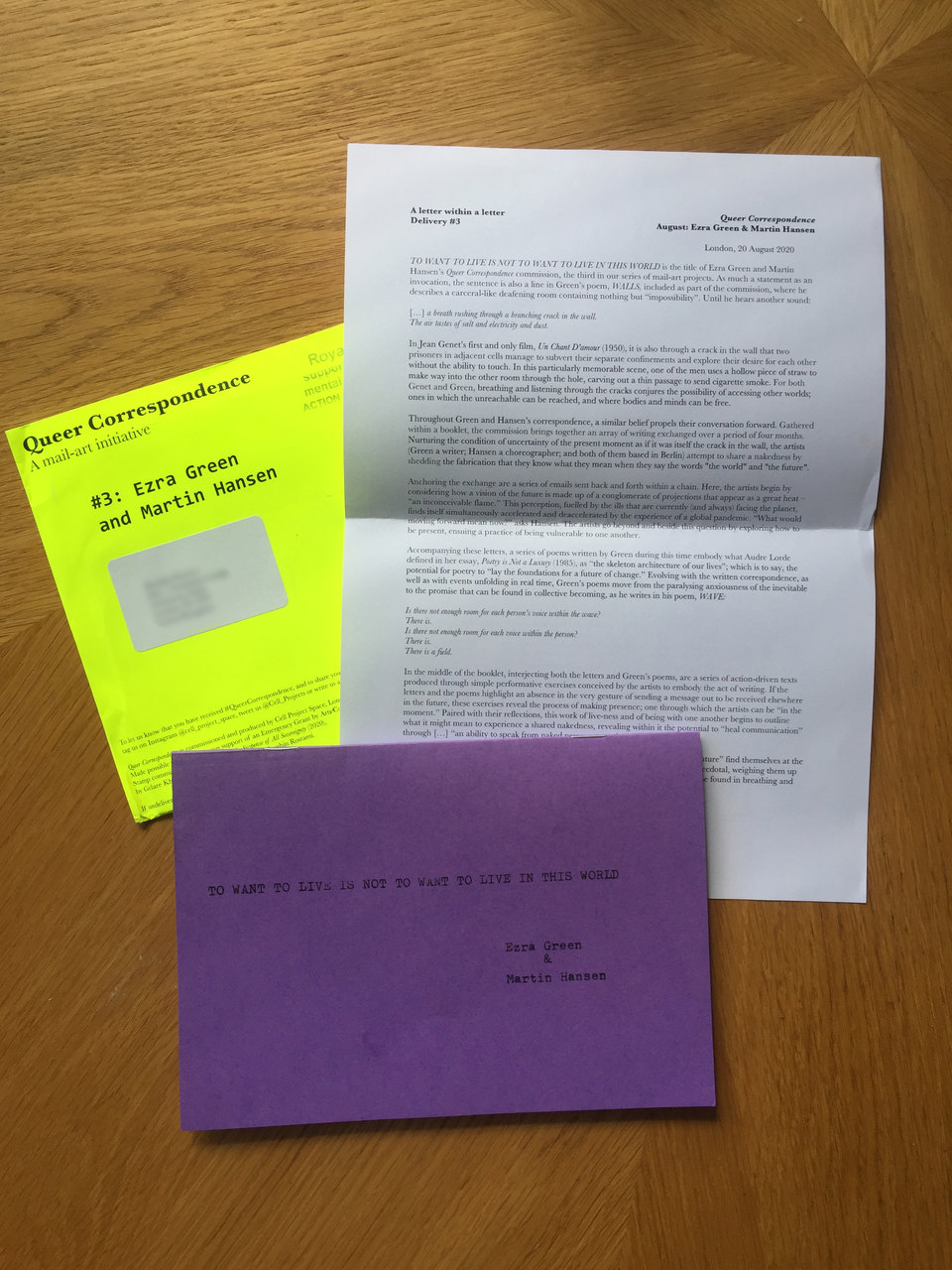 Ezra Green & Martin Hansen, Queer Correspondence #3, 2020, Cell Project Space. Image submitted by Pernilla Persson, from London, UK.