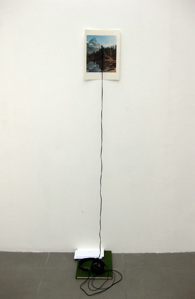 Richard T. Walker 'Everything goes as if it is always away', 2009, found litho print on paper, book, headphones, audio, letters