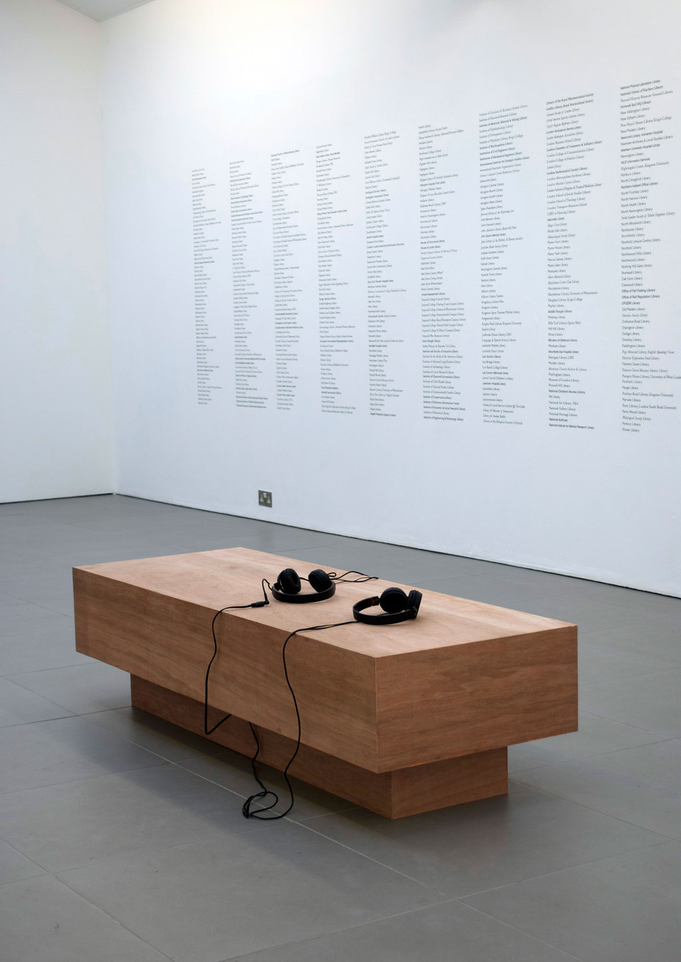 Ruth Beale, Now from Now, 2011, plywood, foam, fabric, headphones, audio on mp3, duration 9 min., library books from a selection of public libraries in london (58 x 160 cm), Cell Project Space