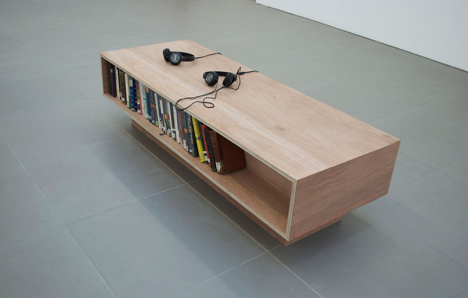 Ruth Beale, Now from Now, 2011, plywood, foam, fabric, headphones, audio on mp3, duration 9 min., library books from a selection of public libraries in london (58 x 160 cm), Cell Project Space