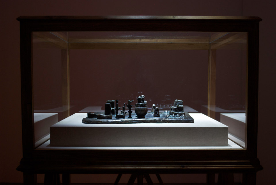 Mark Aerial Waller, 'Reconstruction of a 12th century BC Elamite antiquity, Sit Shamsi', 2012, bronze,(w. 53 cm x h. 12 cm x d. 35 cm) with 'Vitrine', 2012, timber, acrylic, linen, (w. 100 cm x h. 165 cm x d. 79 cm) Cell Project Space