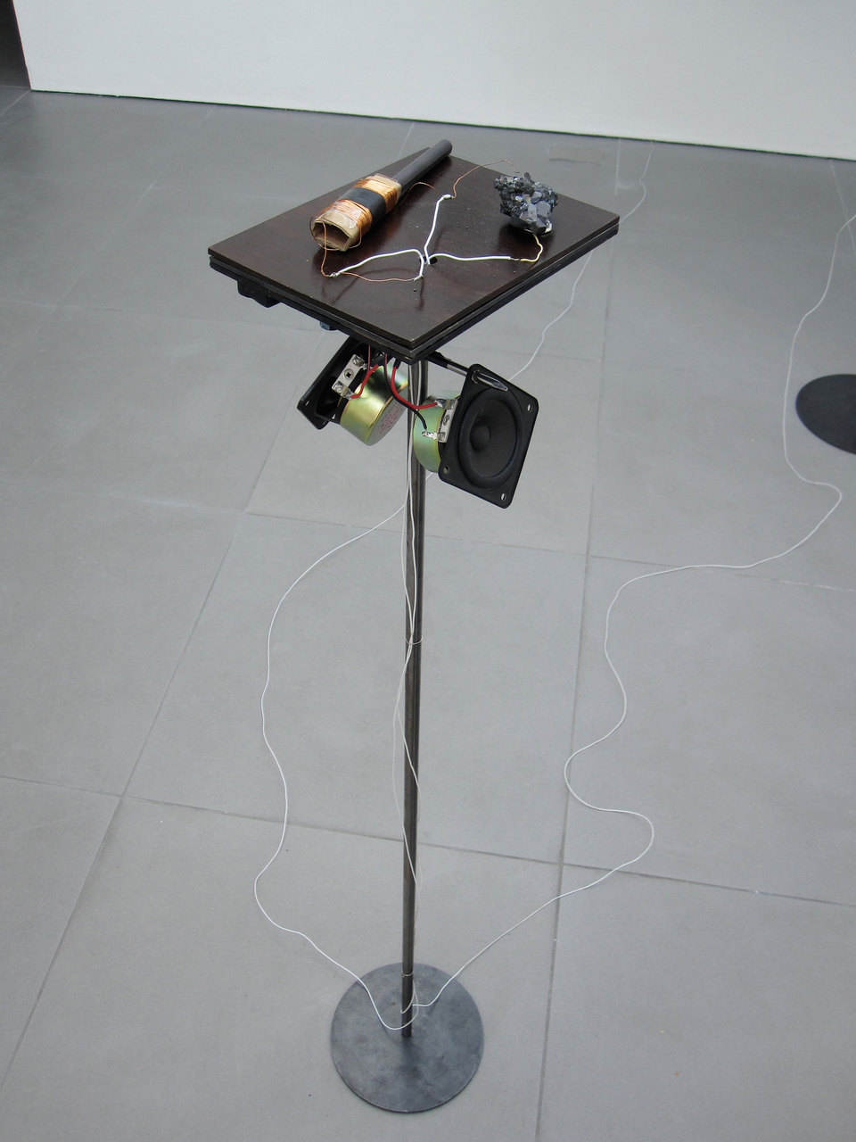 Detail, Warren Mclachlan, 'Skylark (double bill)', 2010 cigarette foil, steel, wood, galena copper, ferrite, amplifier, speakers, Cell Project Space